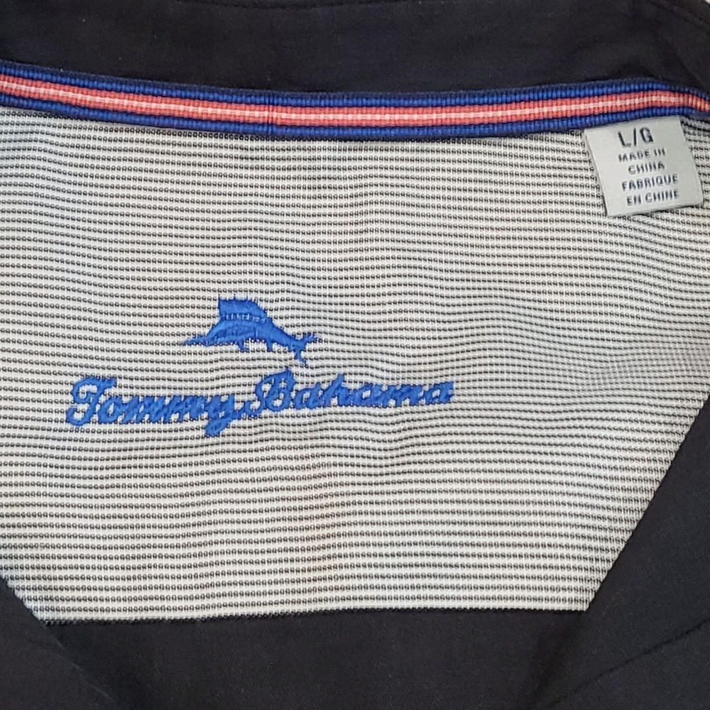 TOMMY BAHAMA Black on Black Palm Pattern Soft Relaxed Short Sleeve Collar L - Picture 7 of 11